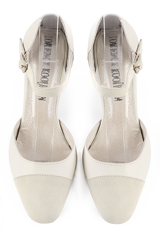 Off white women's open side shoes, with an instep strap. Round toe. Medium comma heels. Top view - Florence KOOIJMAN